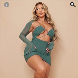 Deep green mesh detail overlay bodycon dress